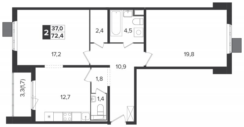 2-комнатная квартира с полной отделкой, 72.4 м2, 21 этаж, дом сдан, ЖК Южная Битца, корпус 6 - объявление 1307738 - фото №1