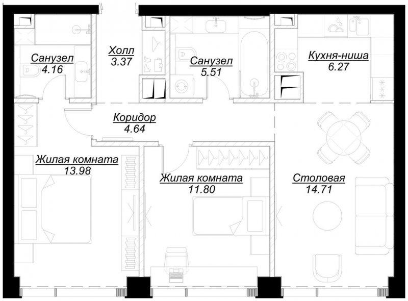 2-комнатная квартира с частичной отделкой, 64.32 м2, 30 этаж, сдача 4 квартал 2024 г., ЖК MOD, корпус Mod.D - объявление 1788338 - фото №1