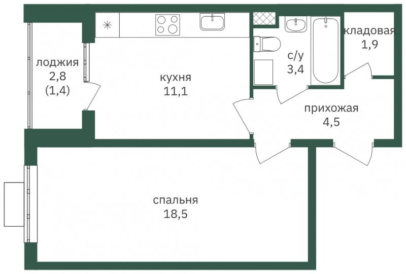 1-комнатная квартира с полной отделкой, 40.8 м2, 6 этаж, сдача 1 квартал 2023 г., ЖК Зеленая Вертикаль, корпус 6 - объявление 1806767 - фото №1