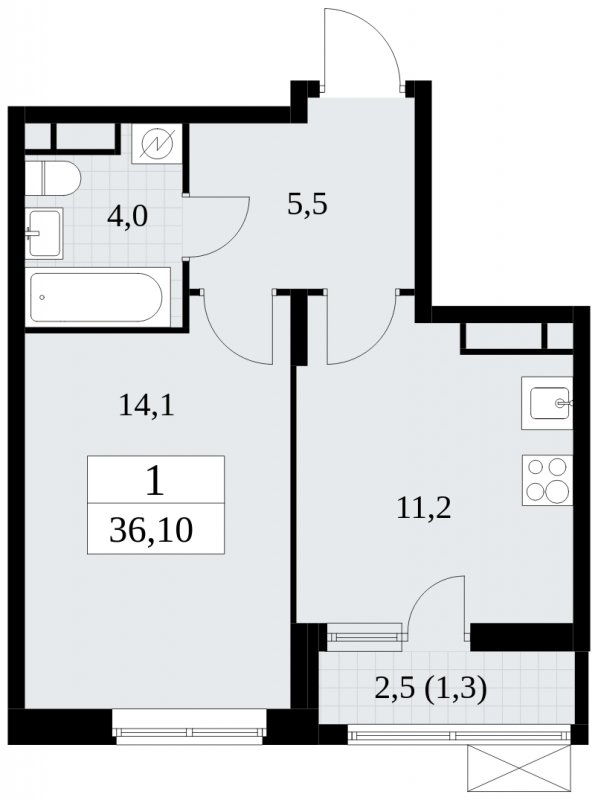 1-комнатная квартира без отделки, 36.1 м2, 10 этаж, сдача 1 квартал 2025 г., ЖК Прокшино, корпус 5.1.3 - объявление 1810826 - фото №1