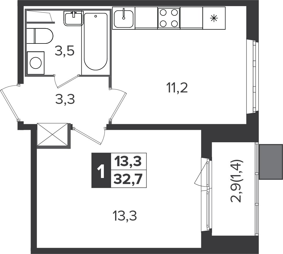 1-комнатная квартира без отделки, 32.6 м2, 24 этаж, дом сдан, ЖК Южная Битца, корпус 6 - объявление 2208125 - фото №1