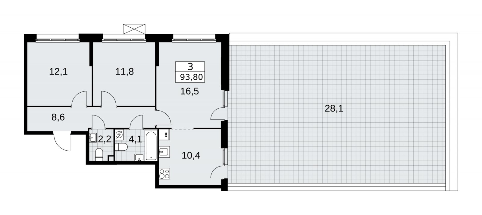 3-комнатная квартира с частичной отделкой, 93.8 м2, 2 этаж, сдача 4 квартал 2025 г., ЖК Бунинские кварталы, корпус 3.4 - объявление 2152068 - фото №1