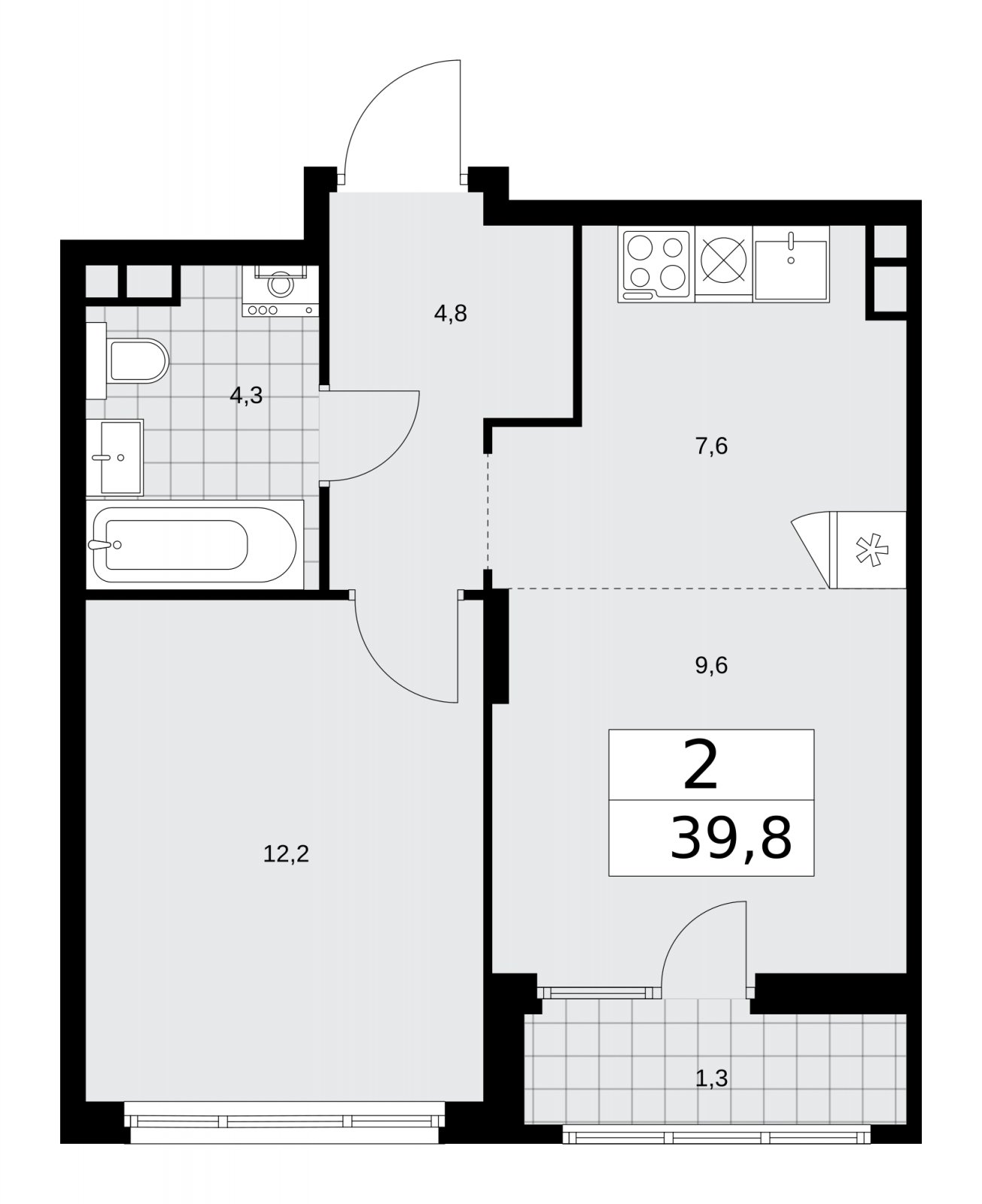 2-комнатная квартира (евро) с частичной отделкой, 39.8 м2, 10 этаж, сдача 2 квартал 2026 г., ЖК Деснаречье, корпус 4.4 - объявление 2264219 - фото №1