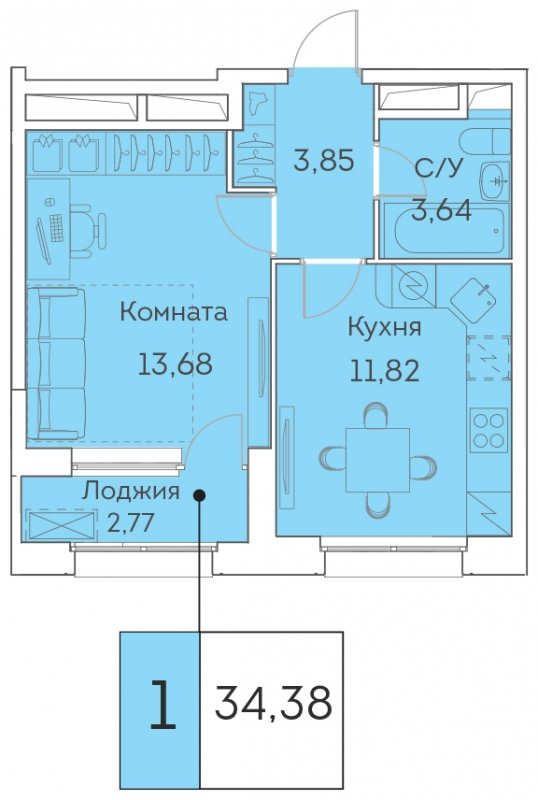 1-комнатная квартира с частичной отделкой, 34.38 м2, 9 этаж, сдача 3 квартал 2023 г., ЖК Аквилон BESIDE, корпус 1 - объявление 1678564 - фото №1
