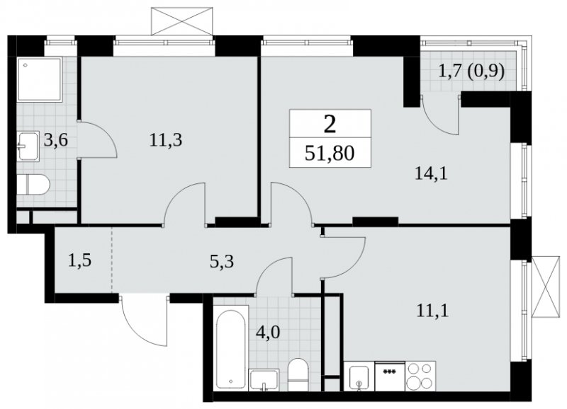 2-комнатная квартира без отделки, 51.8 м2, 11 этаж, сдача 3 квартал 2024 г., ЖК Прокшино, корпус 8.5 - объявление 1684221 - фото №1