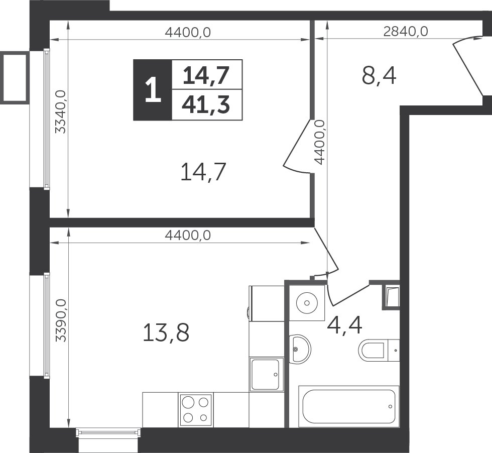 1-комнатная квартира с частичной отделкой, 41 м2, 11 этаж, дом сдан, ЖК Датский квартал, корпус 1 - объявление 2207609 - фото №1