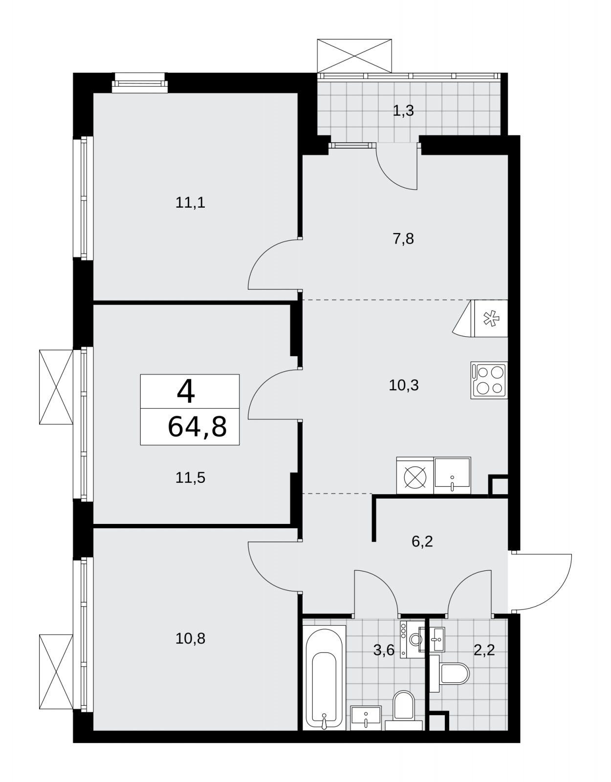 4-комнатная квартира (евро) с частичной отделкой, 64.8 м2, 2 этаж, сдача 2 квартал 2026 г., ЖК Деснаречье, корпус 4.5 - объявление 2264444 - фото №1