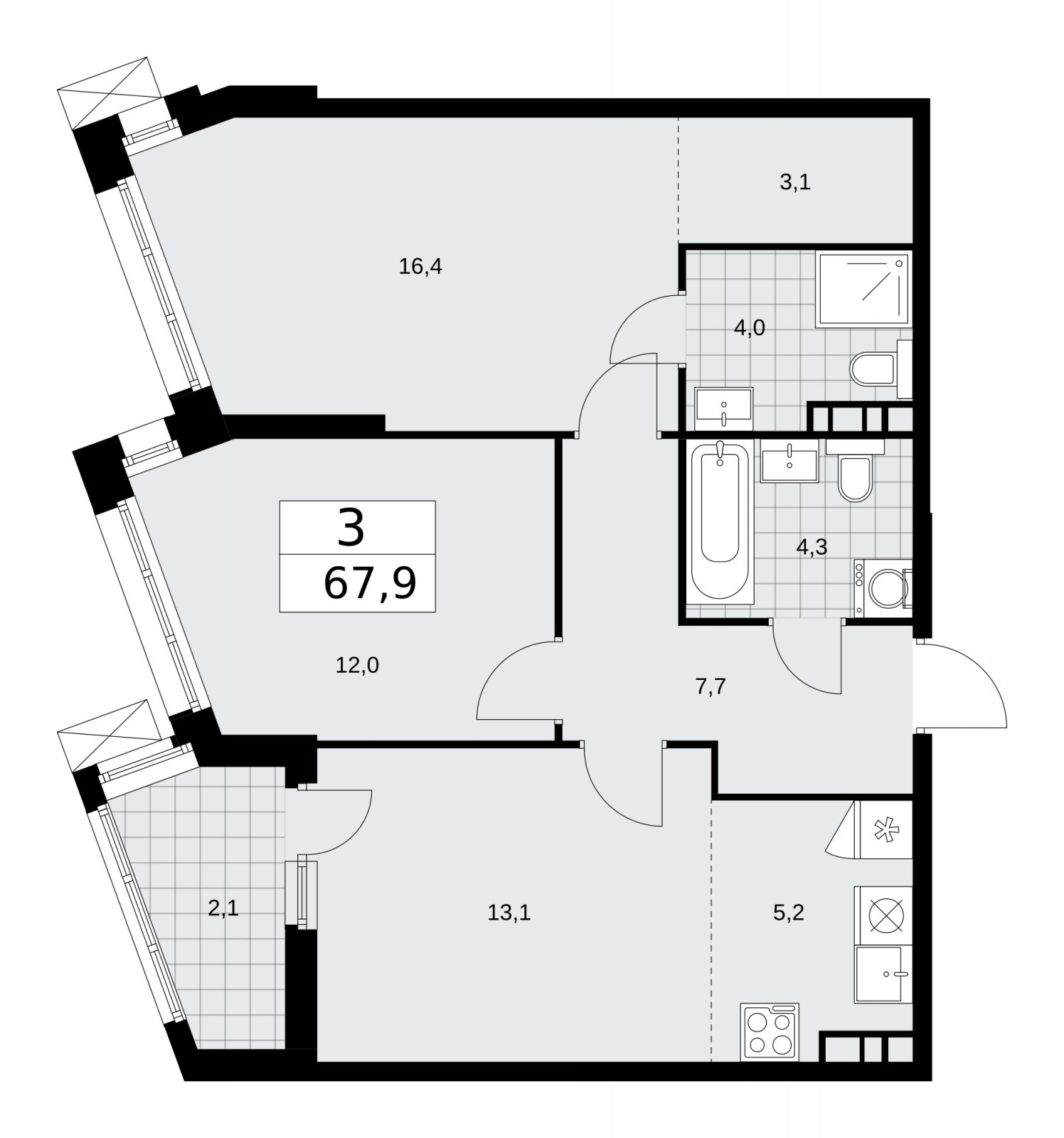 3-комнатная квартира (евро) без отделки, 67.9 м2, 13 этаж, сдача 1 квартал 2026 г., ЖК Дзен-кварталы, корпус 4.2 - объявление 2251547 - фото №1