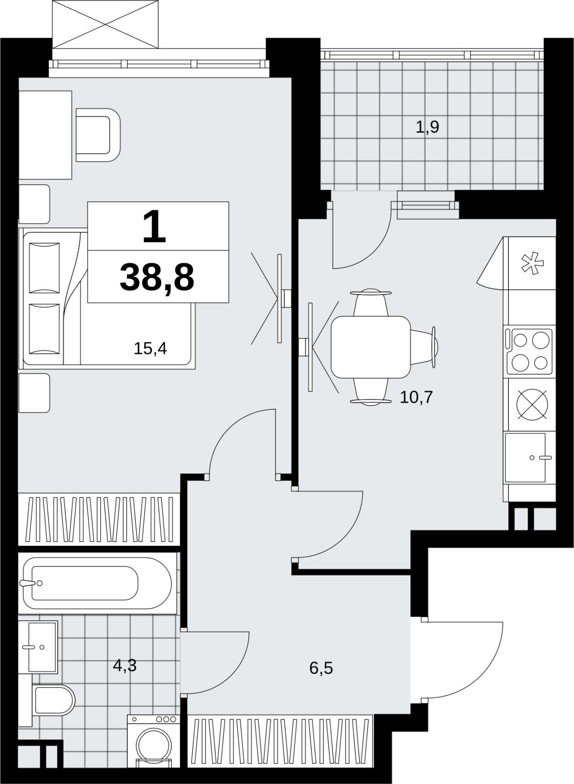1-комнатная квартира без отделки, 38.8 м2, 3 этаж, сдача 4 квартал 2026 г., ЖК Скандинавия, корпус 2.18.2.6 - объявление 2351711 - фото №1