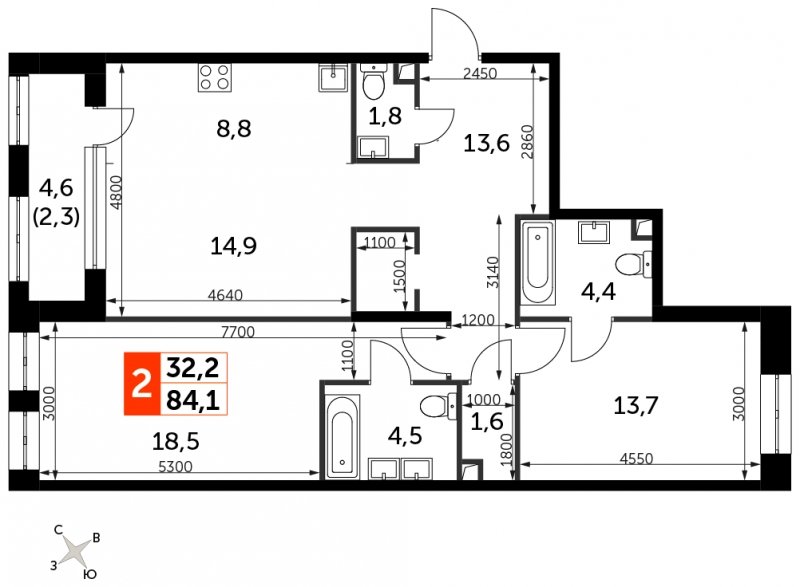 2-комнатная квартира с частичной отделкой, 84.1 м2, 2 этаж, сдача 3 квартал 2024 г., ЖК Sydney City, корпус 2.1 - объявление 1608150 - фото №1