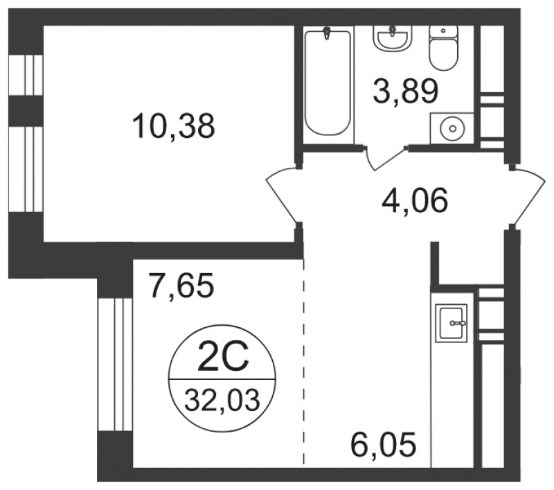 2-комнатная квартира с полной отделкой, 32.03 м2, 10 этаж, сдача 3 квартал 2023 г., ЖК Люберцы, корпус 66 - объявление 1566276 - фото №1