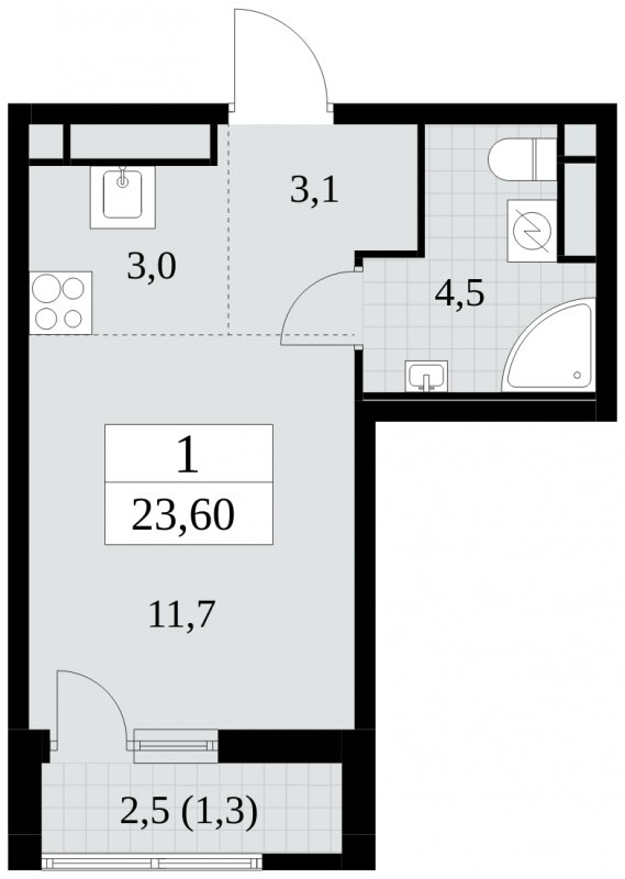 Студия с частичной отделкой, 23.6 м2, 15 этаж, сдача 2 квартал 2025 г., ЖК Южные сады, корпус 2.1 - объявление 1760167 - фото №1