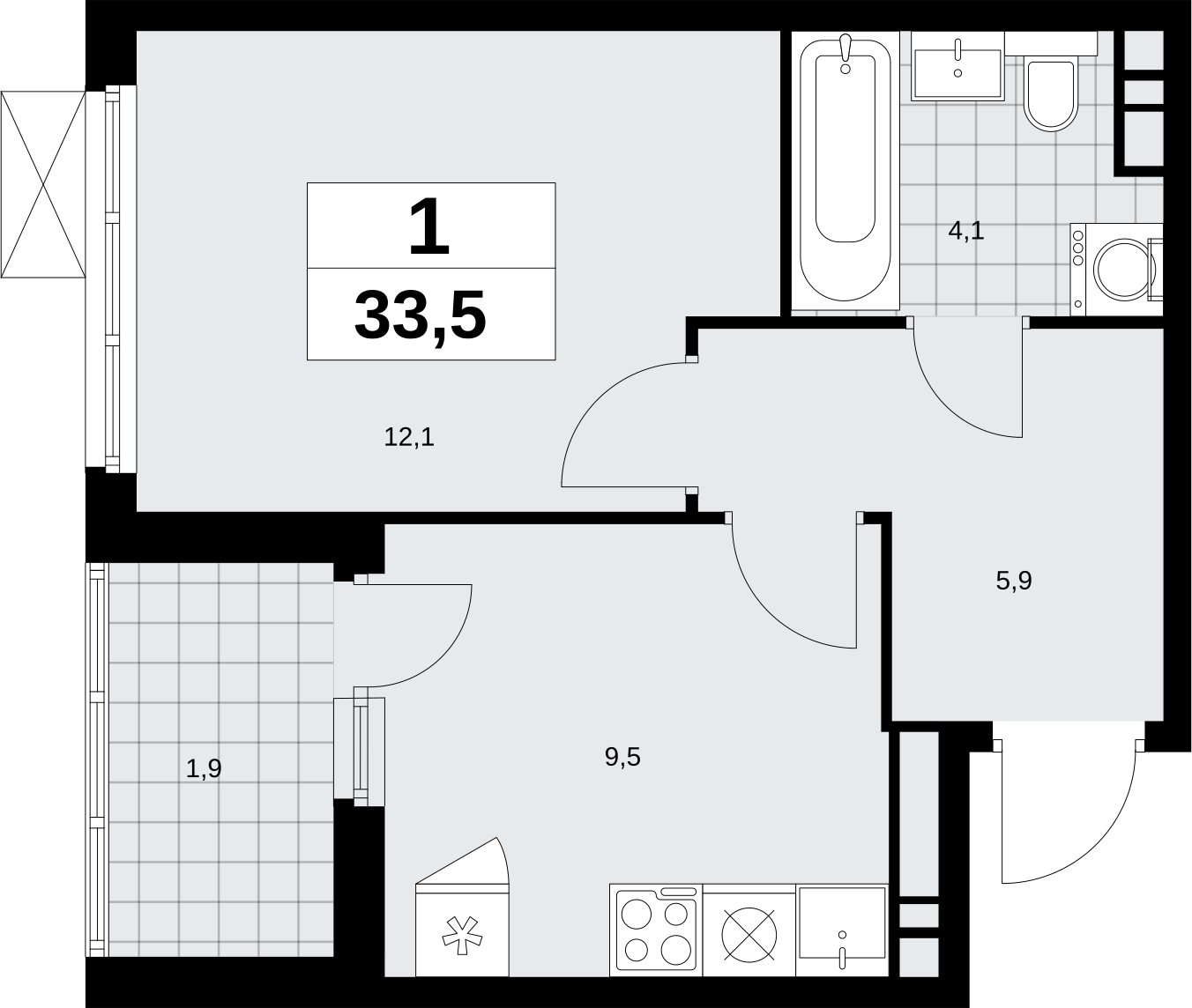 1-комнатная квартира без отделки, 33.5 м2, 9 этаж, сдача 4 квартал 2026 г., ЖК Скандинавия, корпус 2.18.1.2 - объявление 2350687 - фото №1