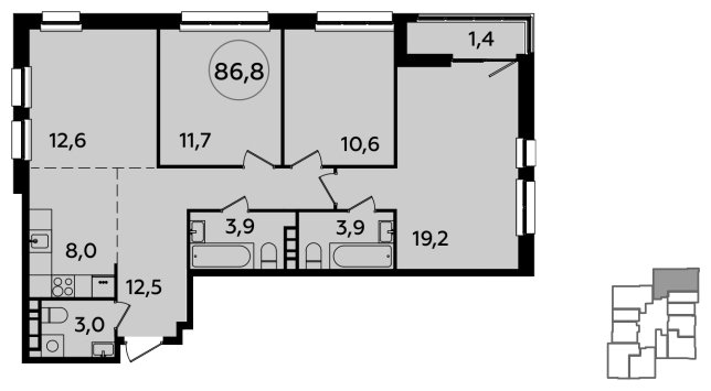 4-комнатная квартира (евро) без отделки, 86.8 м2, 12 этаж, сдача 1 квартал 2024 г., ЖК Южные сады, корпус 1.3 - объявление 1512319 - фото №1