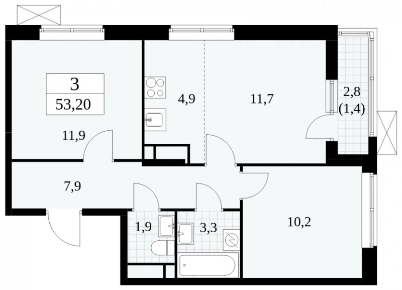 3-комнатная квартира (евро) без отделки, 53.2 м2, 12 этаж, сдача 1 квартал 2025 г., ЖК Прокшино, корпус 5.1.3 - объявление 1810916 - фото №1
