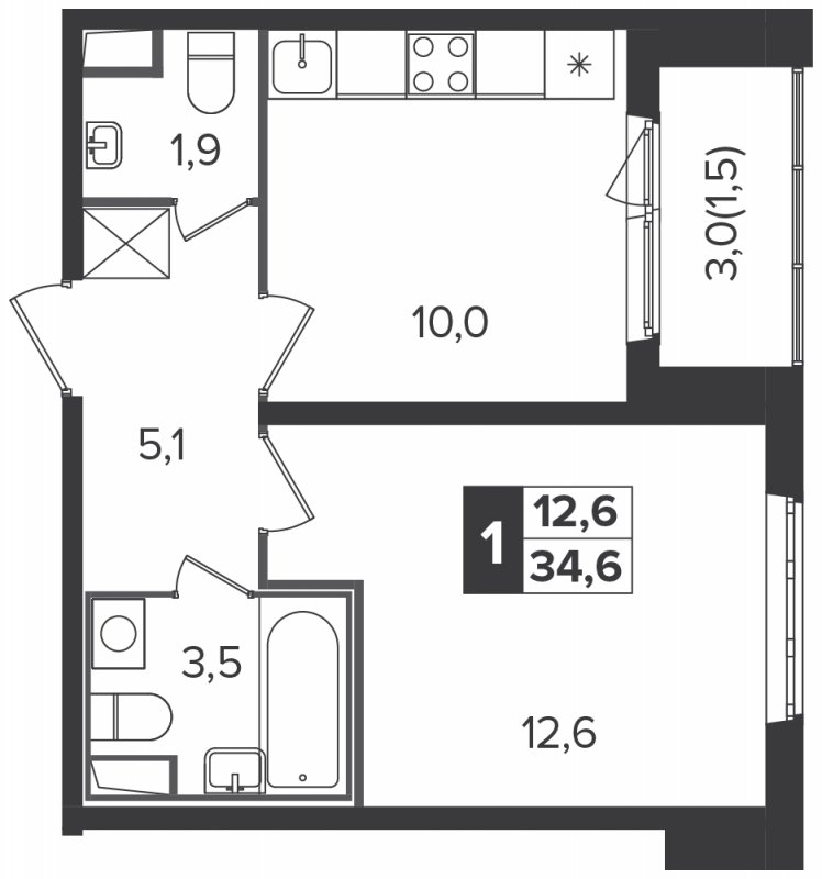 1-комнатная квартира с полной отделкой, 34.4 м2, 6 этаж, дом сдан, ЖК Южная Битца, корпус 6 - объявление 1898151 - фото №1