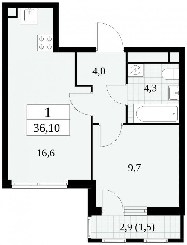 1-комнатная квартира без отделки, 36.1 м2, 13 этаж, сдача 2 квартал 2025 г., ЖК Южные сады, корпус 2.4 - объявление 1760244 - фото №1