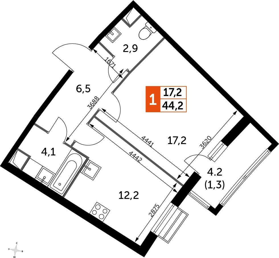 1-комнатная квартира без отделки, 44.1 м2, 1 этаж, дом сдан, ЖК UP-квартал Римский, корпус 7 - объявление 2353965 - фото №1