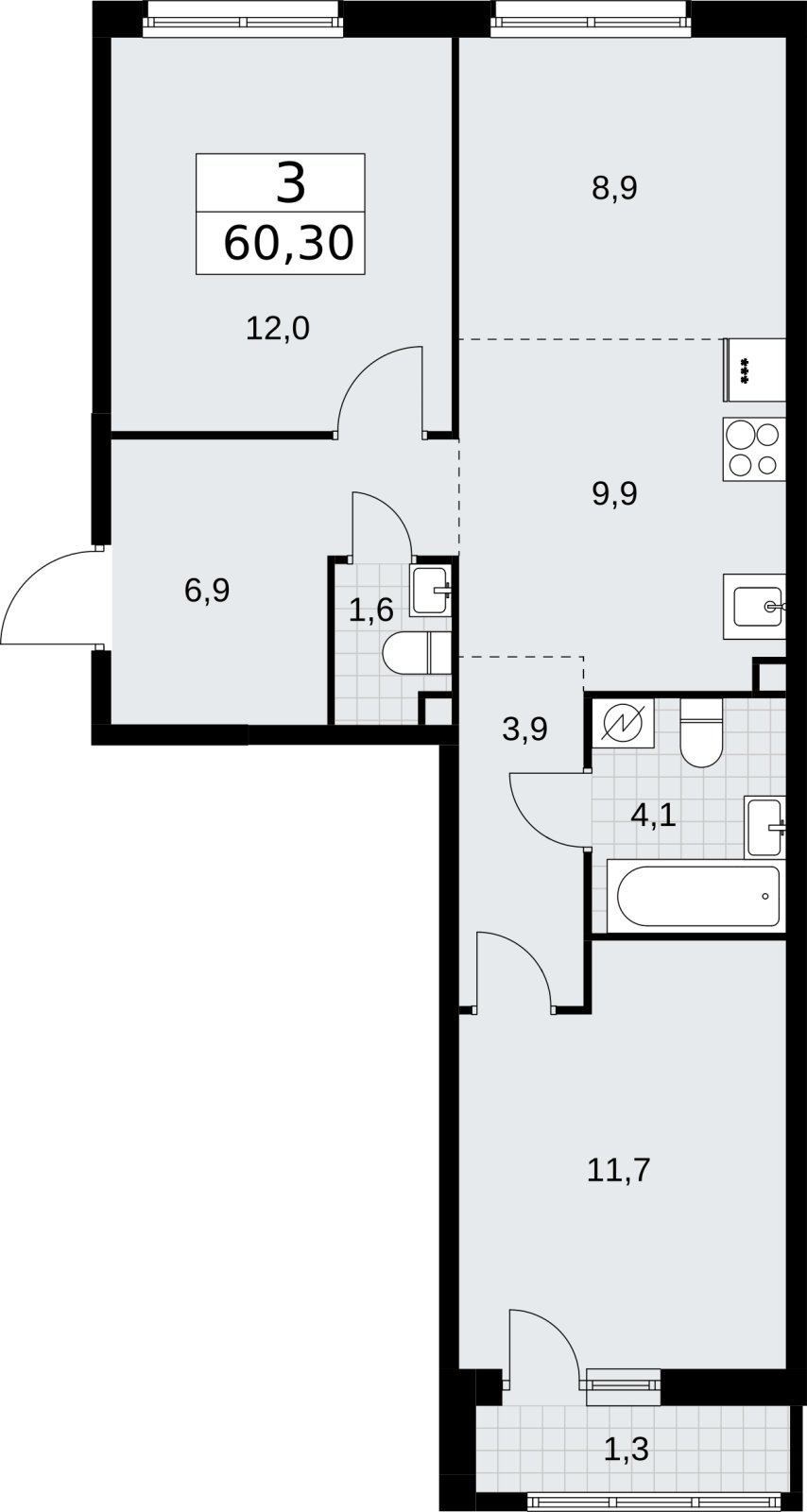 3-комнатная квартира (евро) без отделки, 60.3 м2, 2 этаж, сдача 3 квартал 2026 г., ЖК Родные кварталы, корпус 3.1 - объявление 2378220 - фото №1