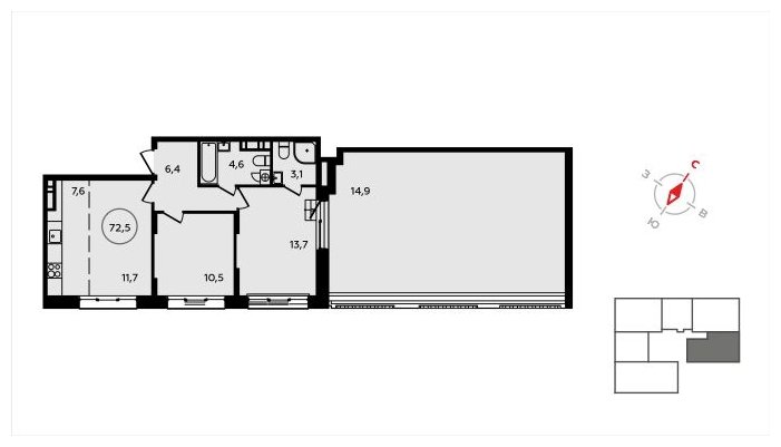 3-комнатная квартира (евро) без отделки, 72.5 м2, 10 этаж, сдача 3 квартал 2024 г., ЖК Скандинавия, корпус 2.22.2 - объявление 1625395 - фото №1