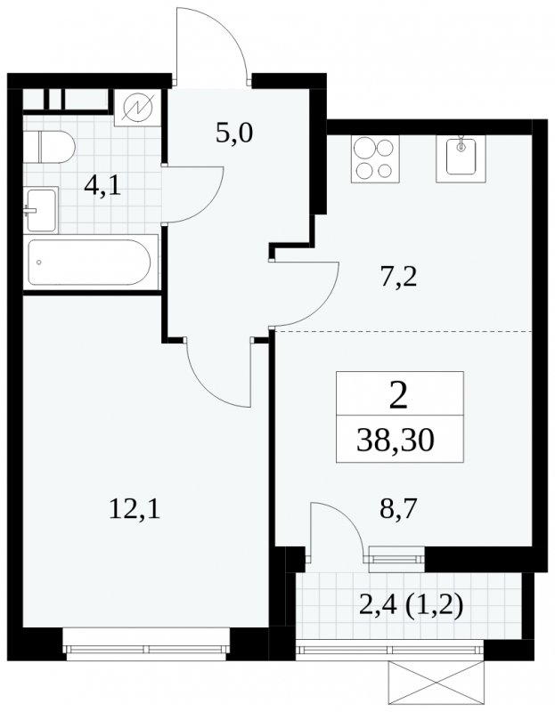 2-комнатная квартира (евро) без отделки, 38.3 м2, 16 этаж, сдача 1 квартал 2025 г., ЖК Прокшино, корпус 5.2.4 - объявление 1900802 - фото №1
