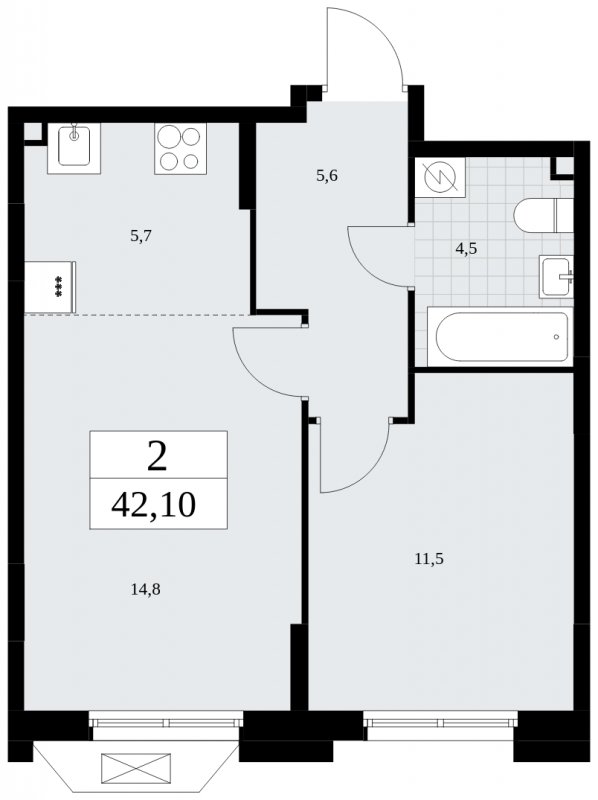 2-комнатная квартира (евро) без отделки, 42.1 м2, 2 этаж, сдача 1 квартал 2025 г., ЖК Бунинские кварталы, корпус 1.3 - объявление 1834564 - фото №1