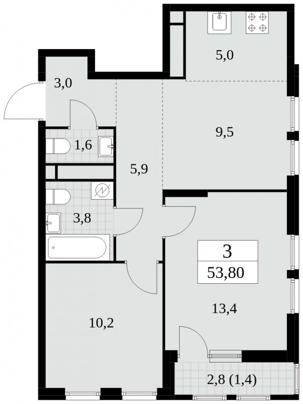 3-комнатная квартира (евро) без отделки, 53.8 м2, 8 этаж, сдача 2 квартал 2025 г., ЖК Южные сады, корпус 2.4 - объявление 1760211 - фото №1