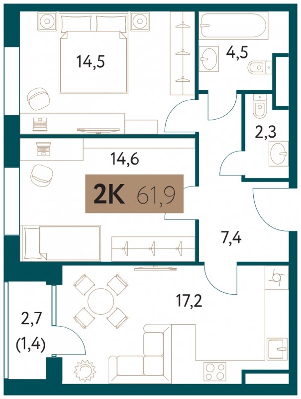 2-комнатная квартира 61.9 м2, 11 этаж, сдача 4 квартал 2022 г., ЖК Настоящее, корпус 1 - объявление 1535777 - фото №1