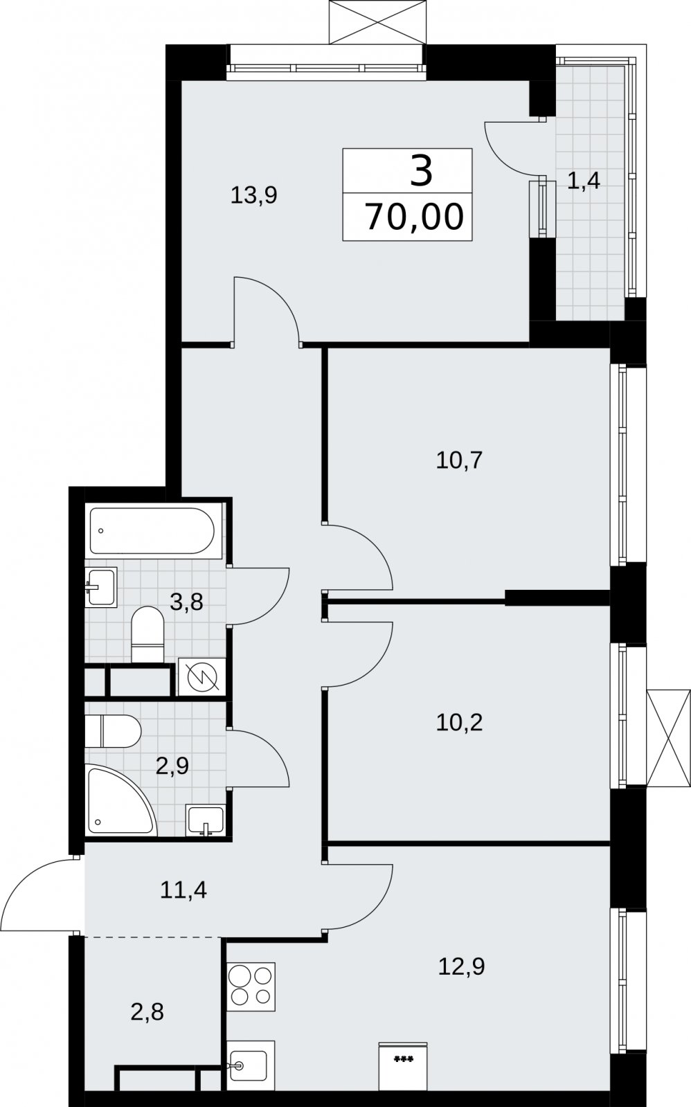 3-комнатная квартира без отделки, 70 м2, 4 этаж, сдача 3 квартал 2026 г., ЖК Родные кварталы, корпус 2 - объявление 2295716 - фото №1