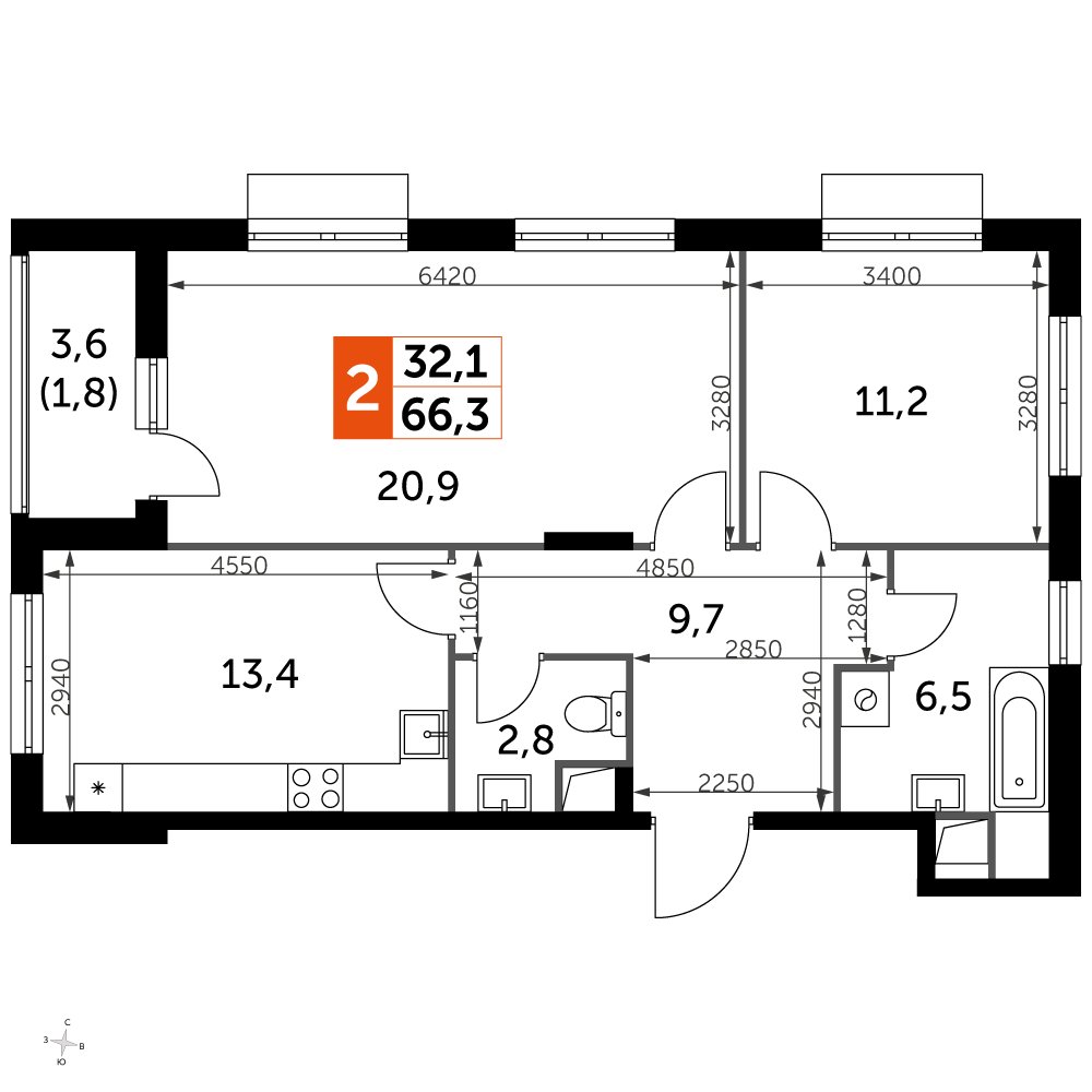 2-комнатная квартира с частичной отделкой, 66.7 м2, 1 этаж, дом сдан, ЖК UP-квартал Римский, корпус 7 - объявление 2353922 - фото №1