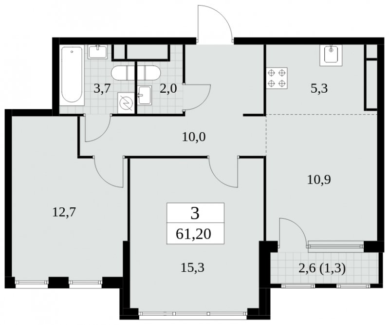 3-комнатная квартира (евро) без отделки, 61.2 м2, 28 этаж, сдача 2 квартал 2025 г., ЖК Южные сады, корпус 2.4 - объявление 1760528 - фото №1