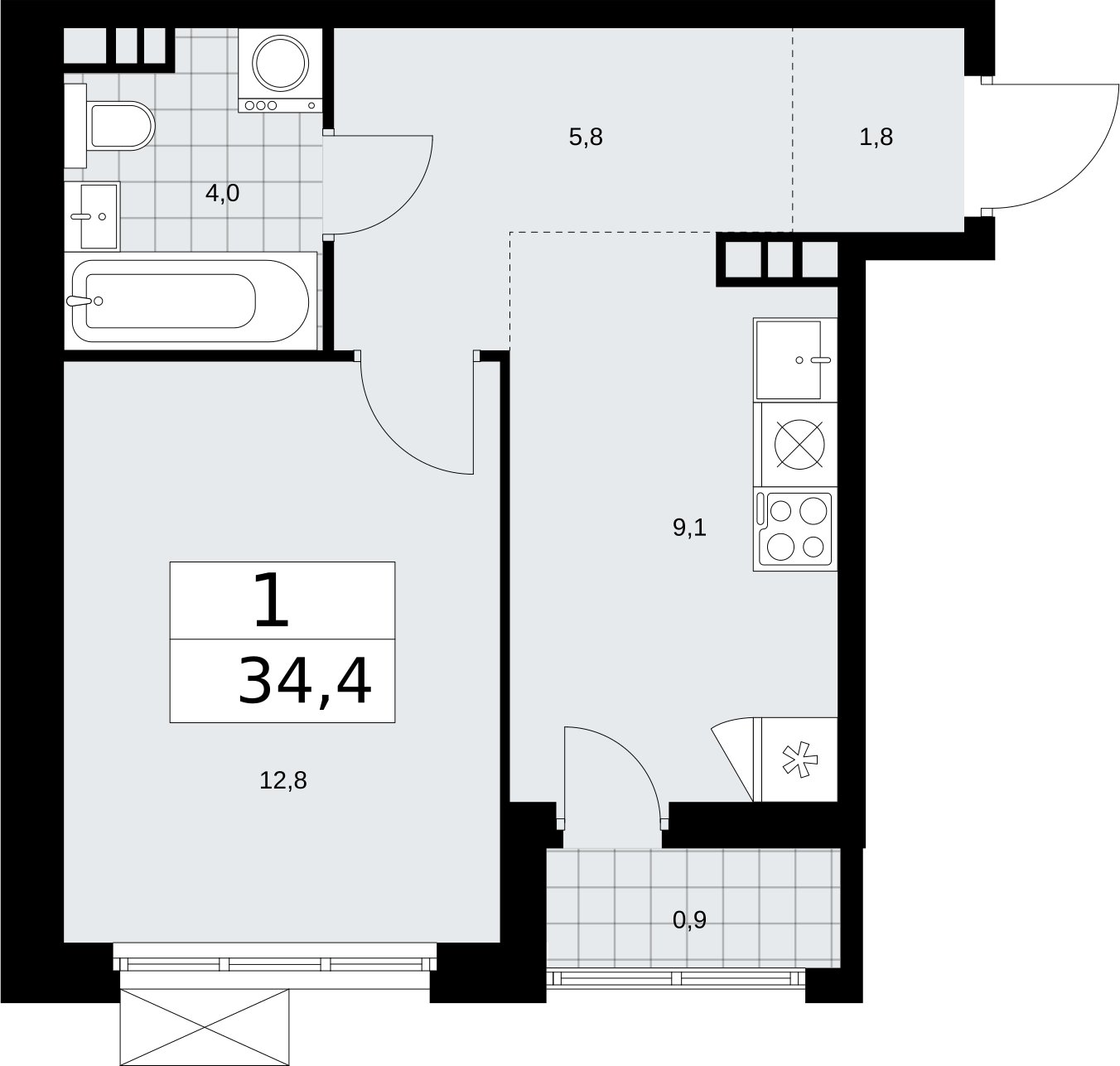 1-комнатная квартира с частичной отделкой, 34.4 м2, 9 этаж, сдача 2 квартал 2026 г., ЖК Бунинские кварталы, корпус 5.1 - объявление 2297235 - фото №1