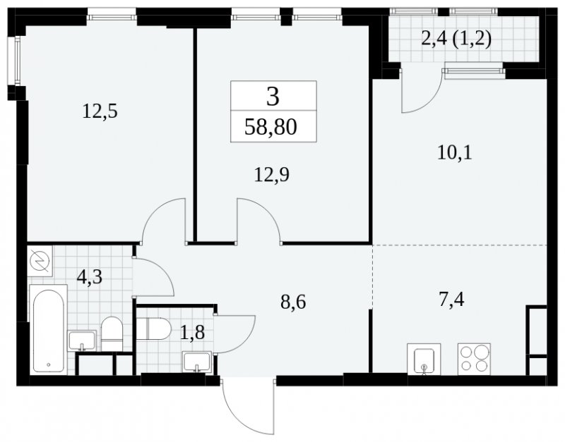 3-комнатная квартира (евро) с частичной отделкой, 58.8 м2, 6 этаж, сдача 2 квартал 2025 г., ЖК Южные сады, корпус 2.2 - объявление 1757497 - фото №1