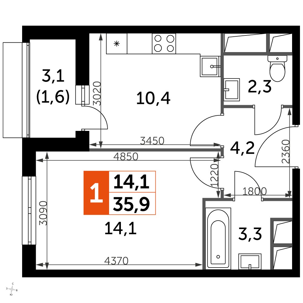 1-комнатная квартира с частичной отделкой, 35.8 м2, 3 этаж, дом сдан, ЖК UP-квартал Римский, корпус 7 - объявление 2353912 - фото №1