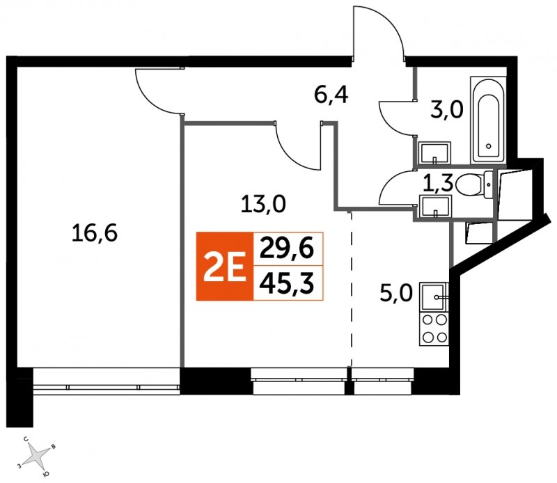 2-комнатная квартира (евро) с полной отделкой, 45.3 м2, 4 этаж, сдача 4 квартал 2023 г., ЖК Датский квартал, корпус 2 - объявление 1695654 - фото №1