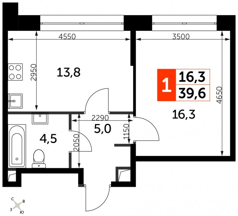 1-комнатная квартира с полной отделкой, 39.6 м2, 15 этаж, сдача 3 квартал 2024 г., ЖК Sydney City, корпус 2.1 - объявление 1762378 - фото №1