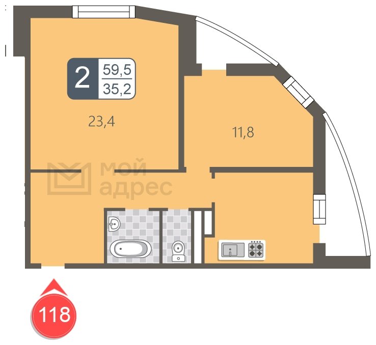2-комнатная квартира с полной отделкой, 59.5 м2, 19 этаж, дом сдан, ЖК мой адрес В Зеленограде, корпус 848 - объявление 1850400 - фото №1