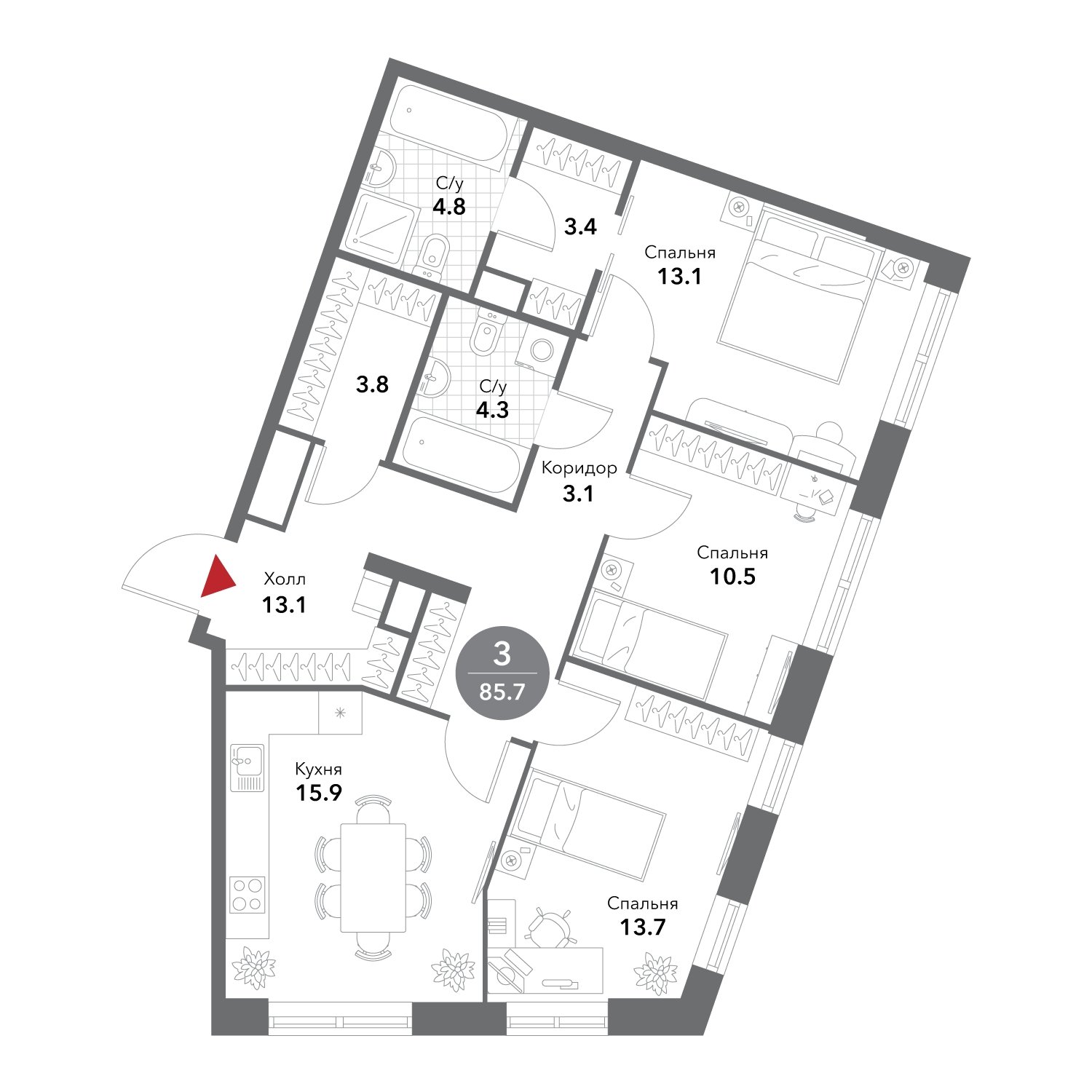 3-комнатная квартира без отделки, 85.7 м2, 4 этаж, сдача 3 квартал 2025 г., ЖК VOXHALL, корпус 2 - объявление 1981868 - фото №1