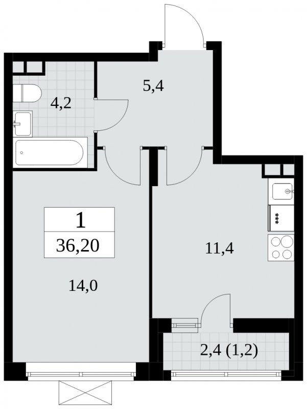 1-комнатная квартира без отделки, 36.2 м2, 3 этаж, сдача 2 квартал 2024 г., ЖК Прокшино, корпус 6.1 - объявление 1662622 - фото №1