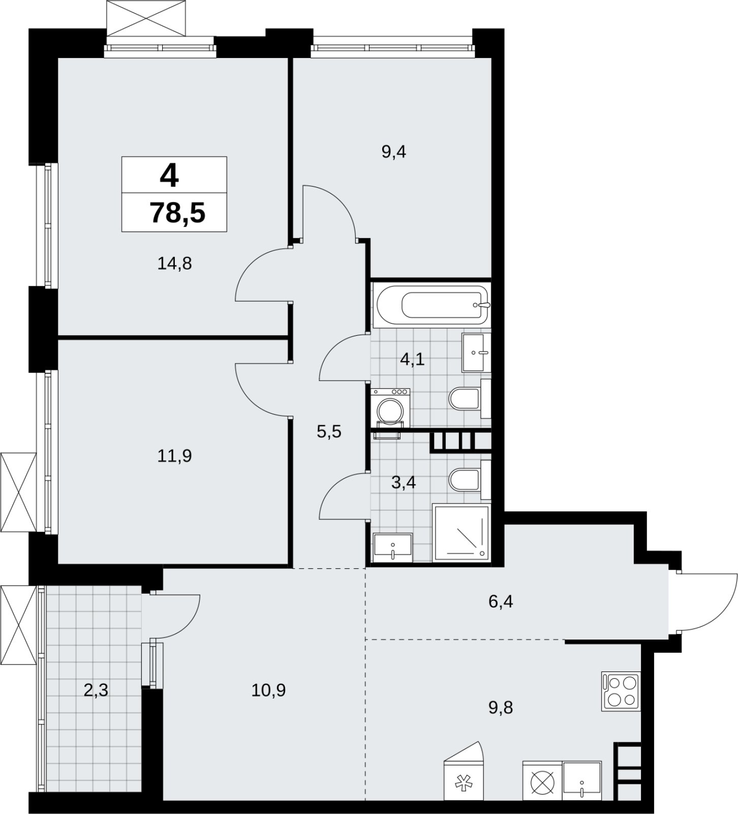 4-комнатная квартира (евро) без отделки, 78.5 м2, 7 этаж, сдача 4 квартал 2026 г., ЖК Скандинавия, корпус 2.18.1.3 - объявление 2350800 - фото №1