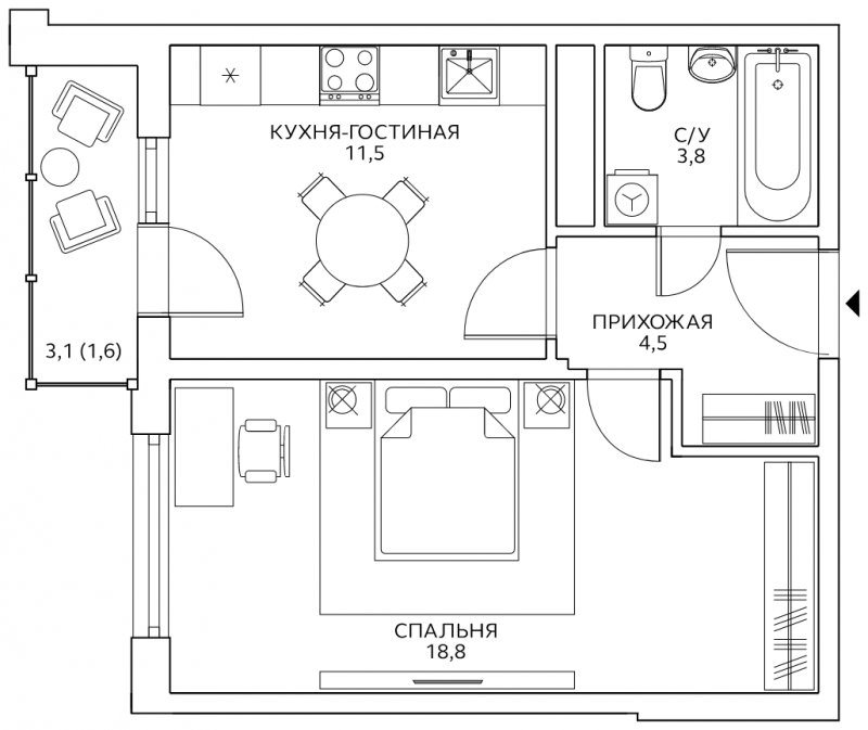 1-комнатная квартира с полной отделкой, 40.2 м2, 9 этаж, сдача 4 квартал 2022 г., ЖК Авиатика, корпус 4 - объявление 1931416 - фото №1