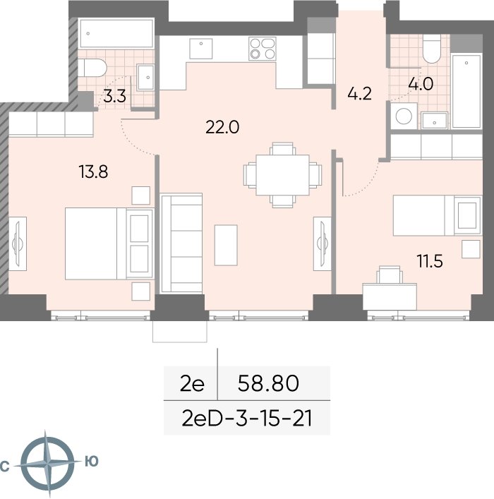 2-комнатная квартира 58.8 м2, 15 этаж, сдача 2 квартал 2026 г., ЖК WAVE, корпус 1 - объявление 2216684 - фото №1