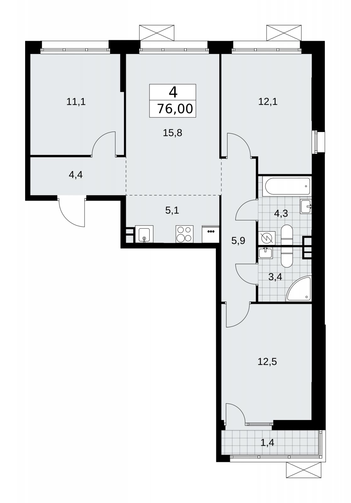 4-комнатная квартира (евро) без отделки, 76 м2, 3 этаж, сдача 3 квартал 2025 г., ЖК Бунинские кварталы, корпус 3.1 - объявление 2151767 - фото №1