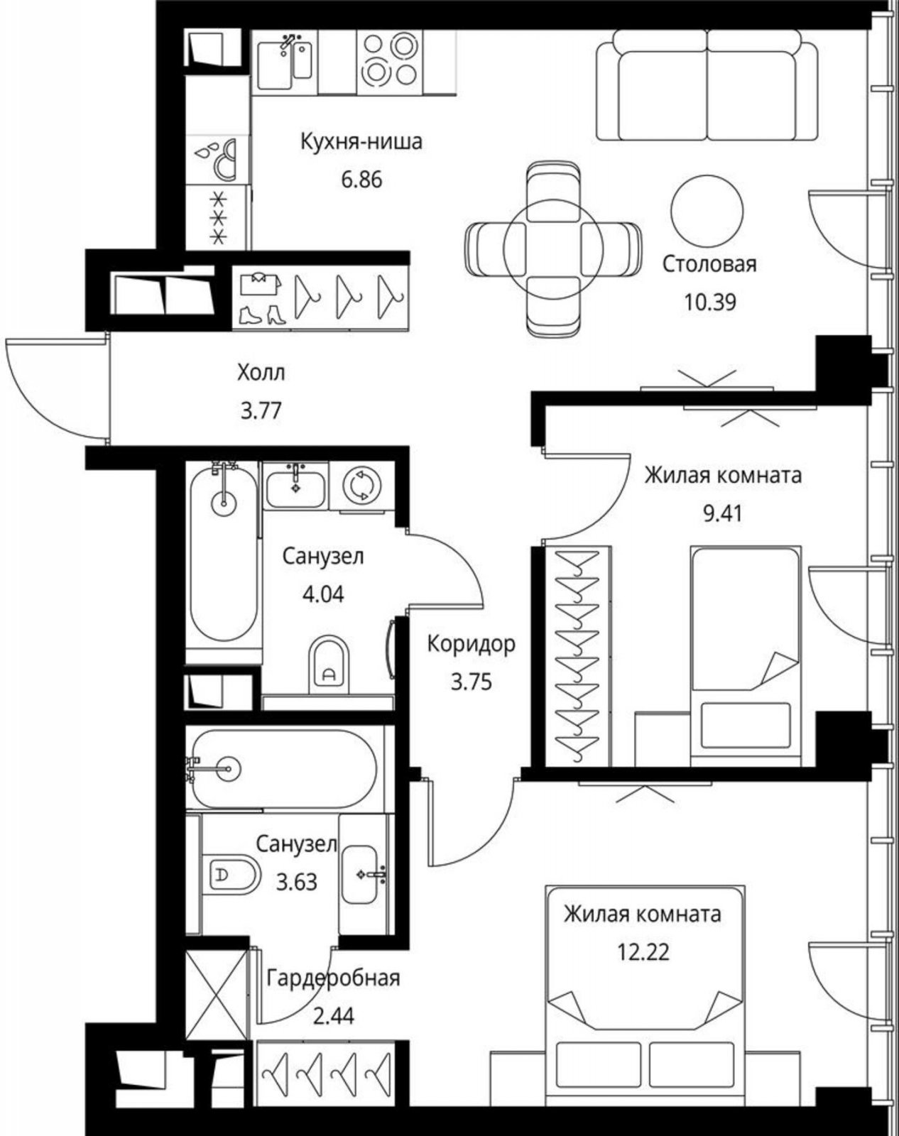 2-комнатная квартира с частичной отделкой, 56.51 м2, 20 этаж, сдача 3 квартал 2026 г., ЖК City Bay, корпус North Ocean 8 - объявление 2240436 - фото №1
