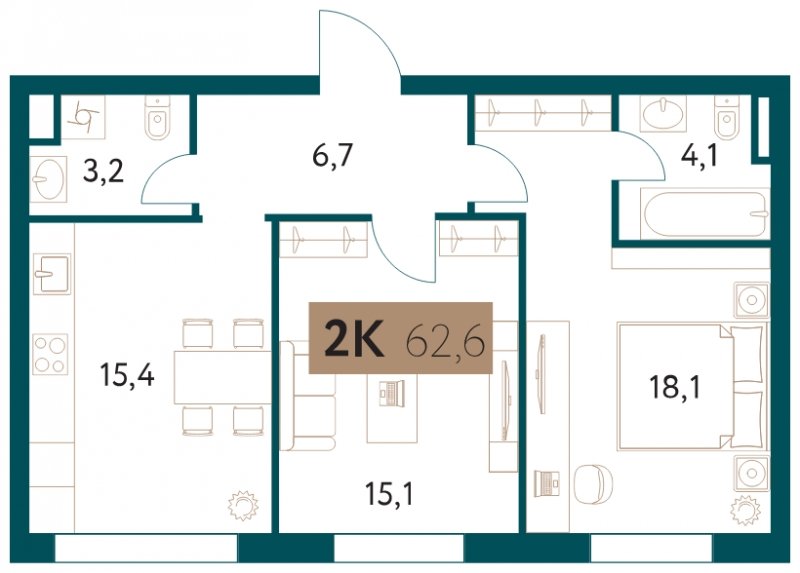 2-комнатная квартира 62.6 м2, 26 этаж, сдача 4 квартал 2022 г., ЖК Настоящее, корпус 4 - объявление 1535775 - фото №1