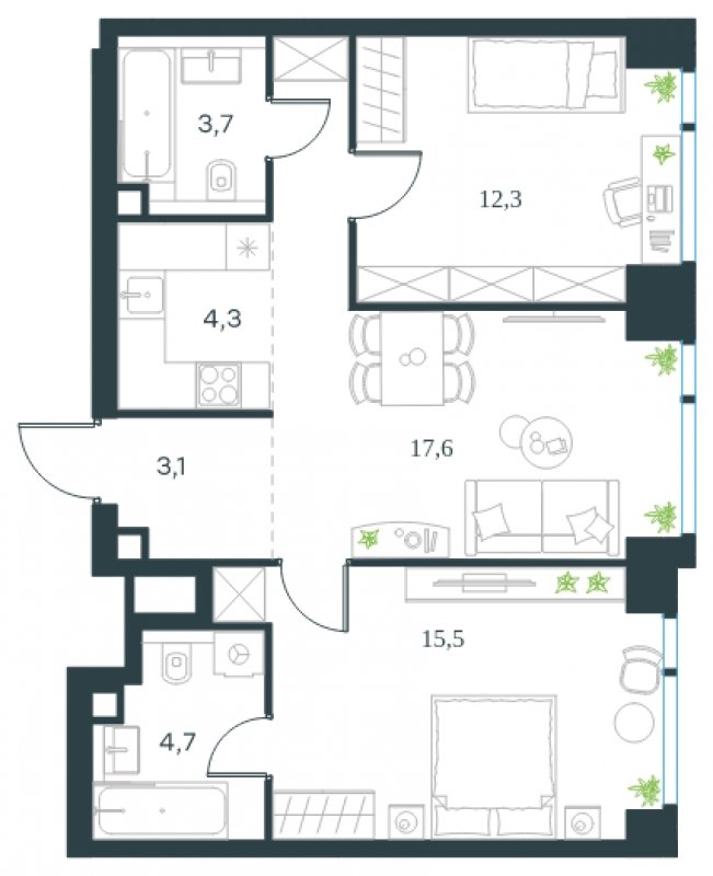 3-комнатная квартира (евро) без отделки, 61.2 м2, 21 этаж, сдача 4 квартал 2024 г., ЖК Level Мичуринский, корпус 4 - объявление 1672491 - фото №1