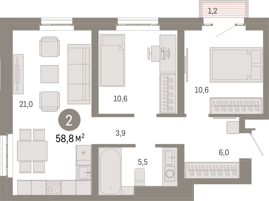 2-комнатная квартира с частичной отделкой, 58.8 м2, 11 этаж, сдача 3 квартал 2026 г., ЖК Квартал Метроном, корпус 1 - объявление 2358183 - фото №1