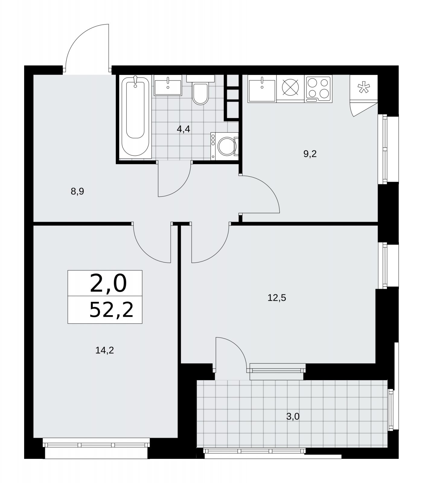2-комнатная квартира без отделки, 52.2 м2, 4 этаж, сдача 1 квартал 2026 г., ЖК Дзен-кварталы, корпус 3.1 - объявление 2240728 - фото №1