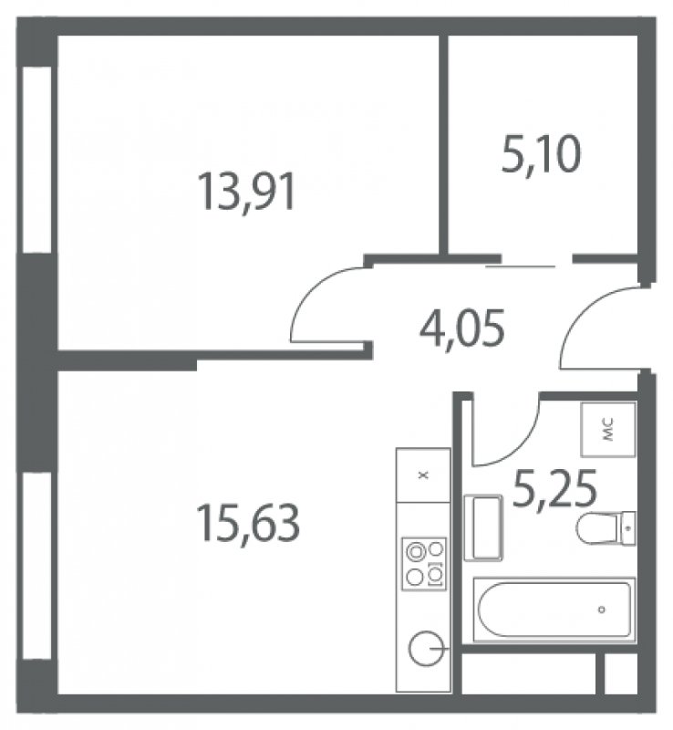 1-комнатная квартира без отделки, 43.94 м2, 27 этаж, дом сдан, ЖК Headliner, корпус 9 - объявление 1981493 - фото №1