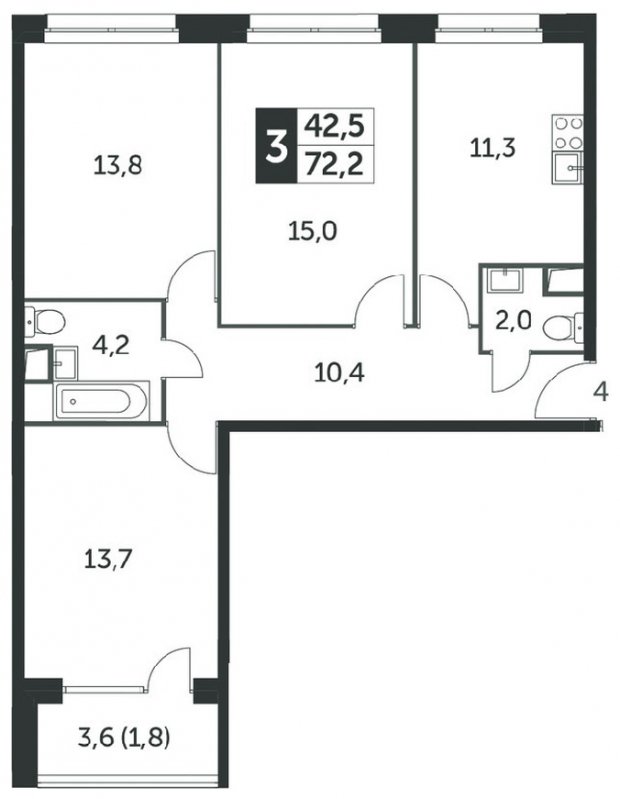 3-комнатная квартира без отделки, 72.6 м2, 2 этаж, сдача 4 квартал 2023 г., ЖК Датский квартал, корпус 2 - объявление 1568441 - фото №1